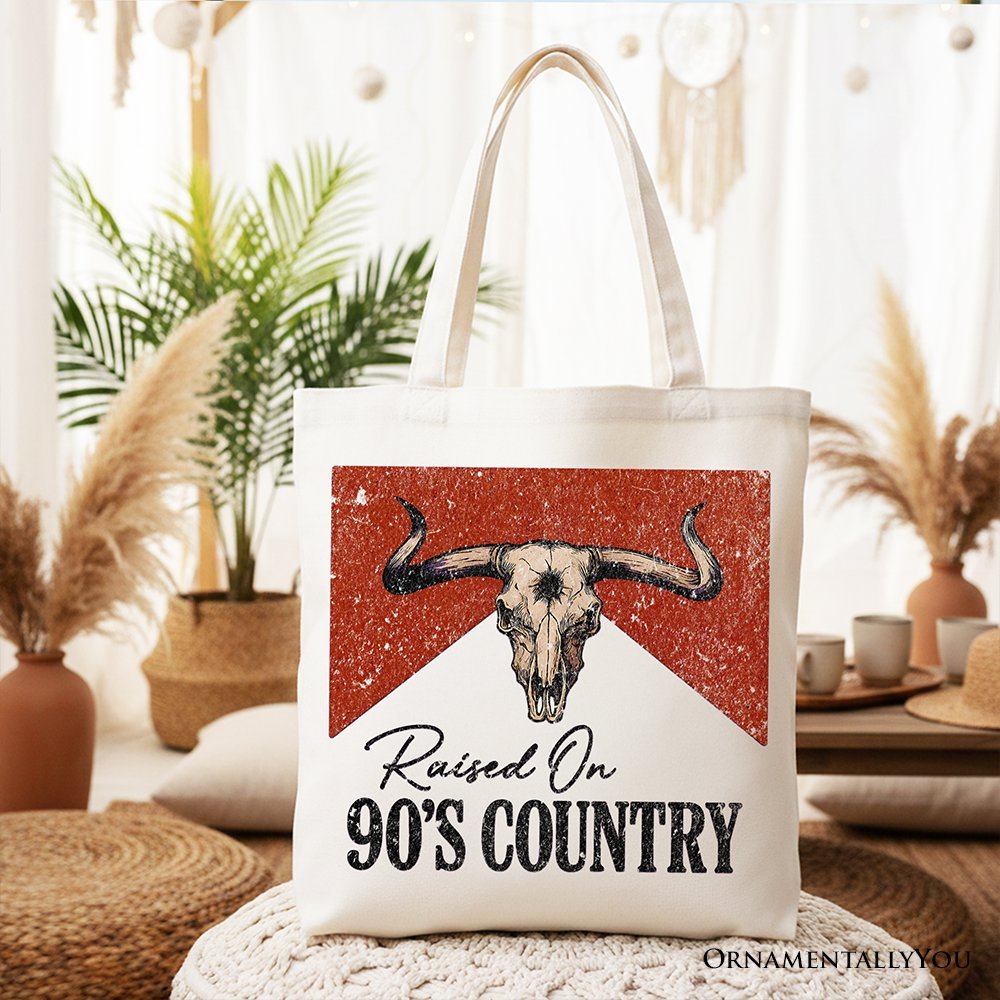 Raised On 90s Country Tote Bag, Vintage Bull Skull Gift Shopper