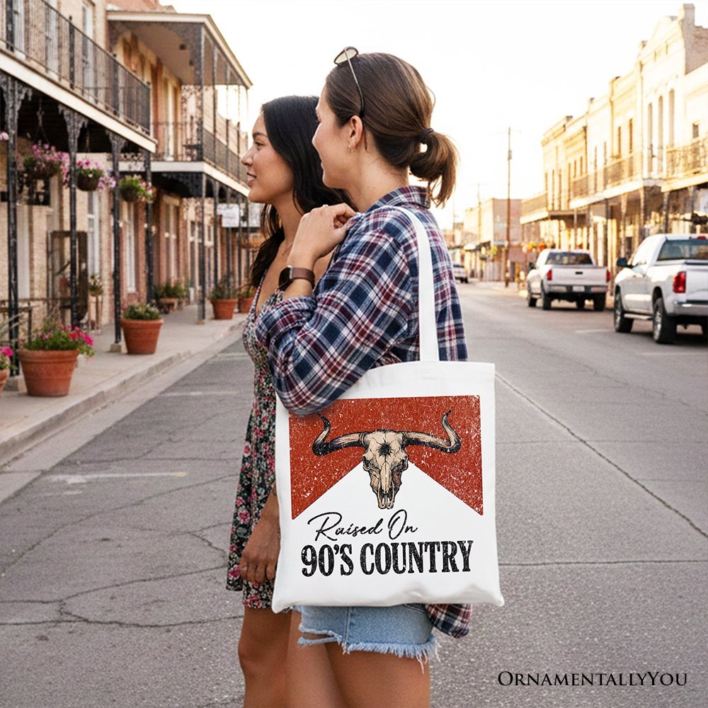 Raised On 90s Country Tote Bag, Vintage Bull Skull Gift Shopper