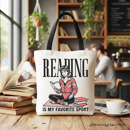 Reading Is My Favorite Sport Bookworm Canvas Tote Bag, Retro Bibliophile Gift Shopper