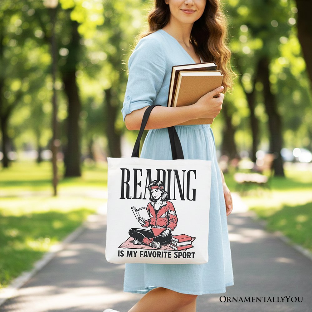 Reading Is My Favorite Sport Bookworm Canvas Tote Bag, Retro Bibliophile Gift Shopper