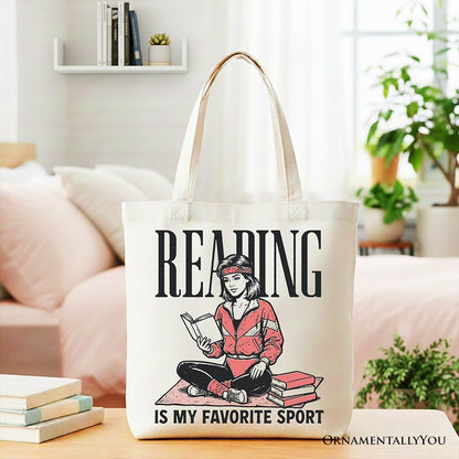 Reading Is My Favorite Sport Bookworm Canvas Tote Bag, Retro Bibliophile Gift Shopper