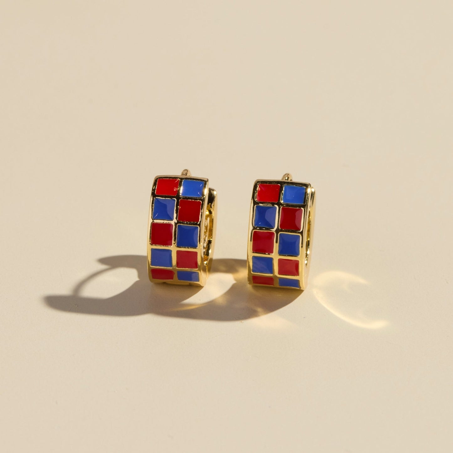 Red & Blue Checkered Enamel Huggie Earrings