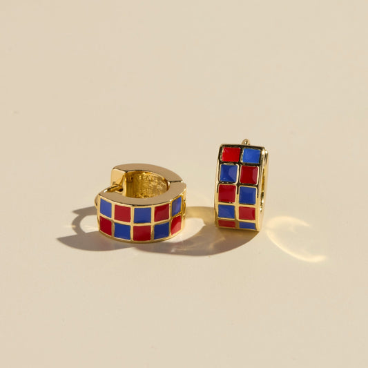 Red & Blue Checkered Enamel Huggie Earrings