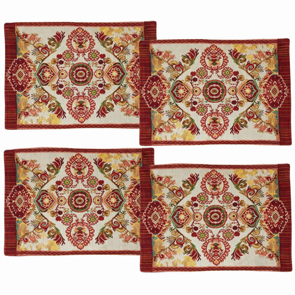 Tache Burgundy Ornate Paisley Woven Tapestry Placemats - Eclectic Modern Dining Set (18194)