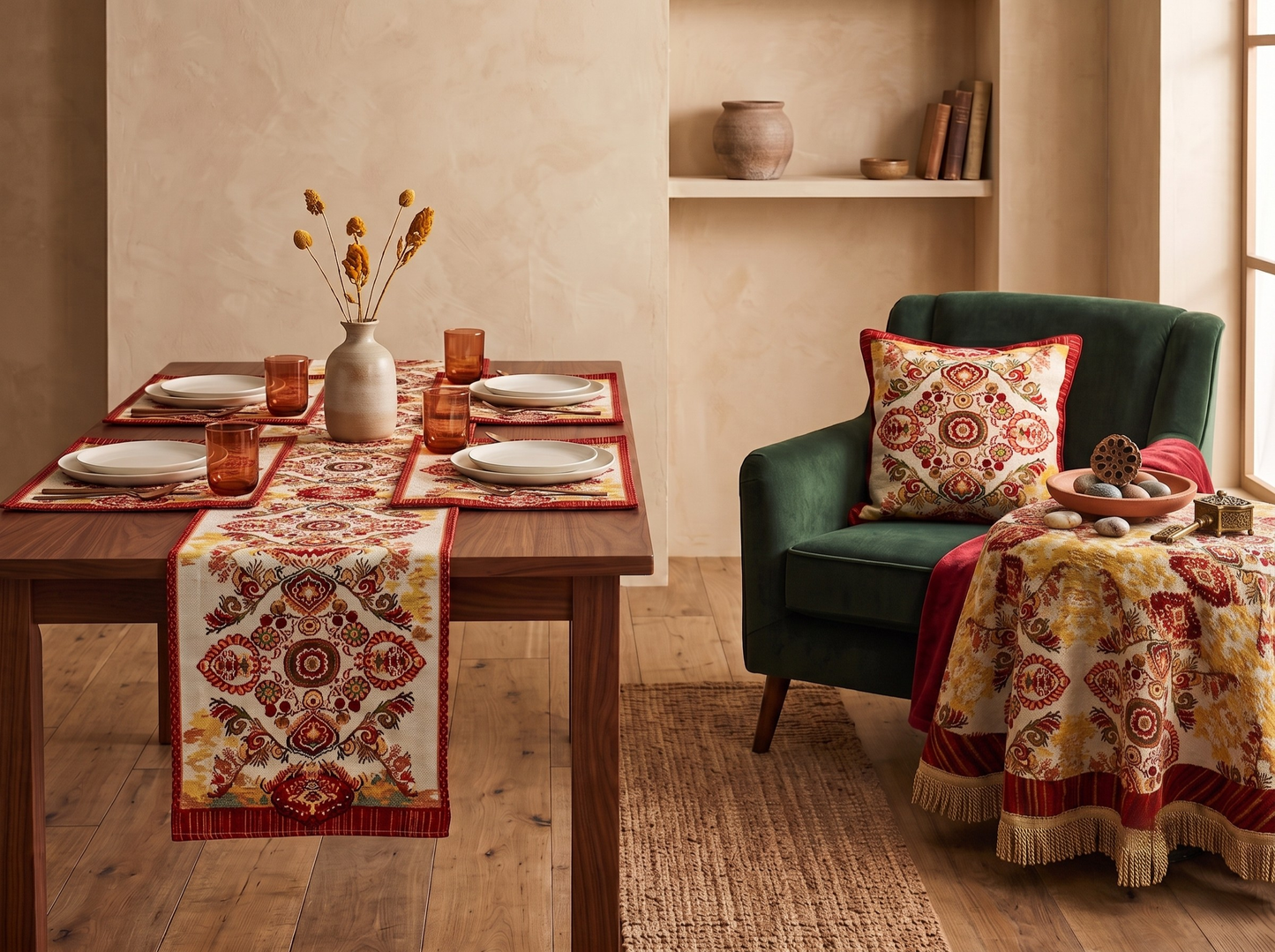 Tache Burgundy Ornate Paisley Woven Tapestry Placemats - Eclectic Modern Dining Set (18194)
