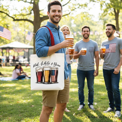 Red White and Brew Beer American Tote Bag, Patriotic USA 4th of July Gift Shopper