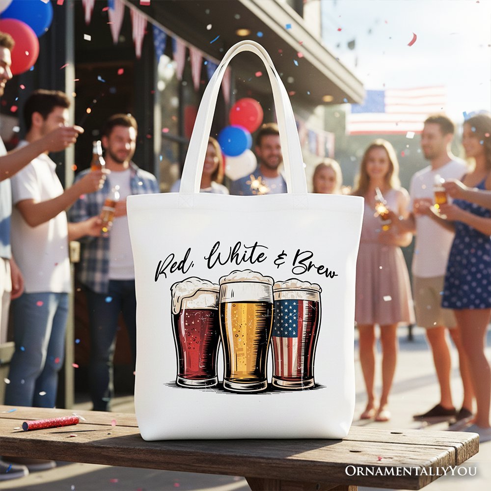 Red White and Brew Beer American Tote Bag, Patriotic USA 4th of July Gift Shopper