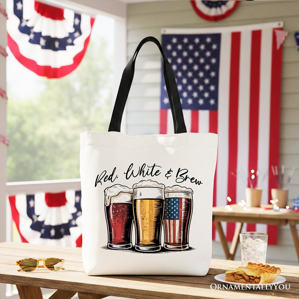 Red White and Brew Beer American Tote Bag, Patriotic USA 4th of July Gift Shopper