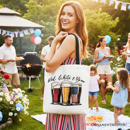 Red White and Brew Beer American Tote Bag, Patriotic USA 4th of July Gift Shopper