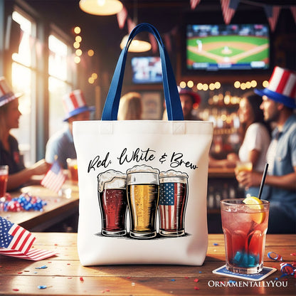 Red White and Brew Beer American Tote Bag, Patriotic USA 4th of July Gift Shopper