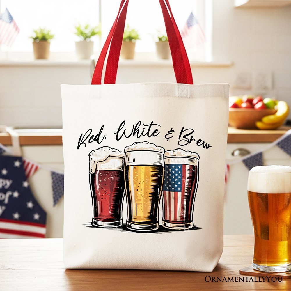 Red White and Brew Beer American Tote Bag, Patriotic USA 4th of July Gift Shopper