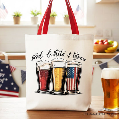 Red White and Brew Beer American Tote Bag, Patriotic USA 4th of July Gift Shopper