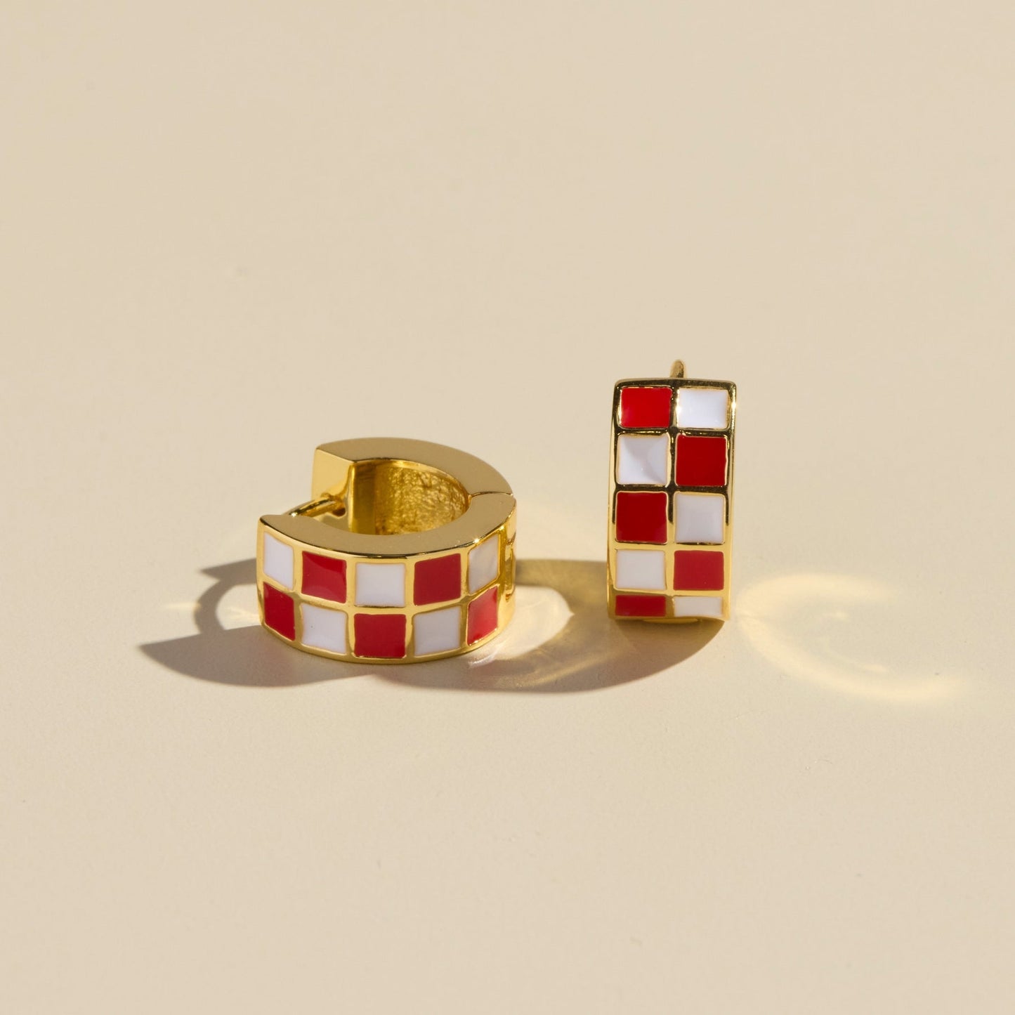 Red & White Checkered Enamel Huggie Earrings