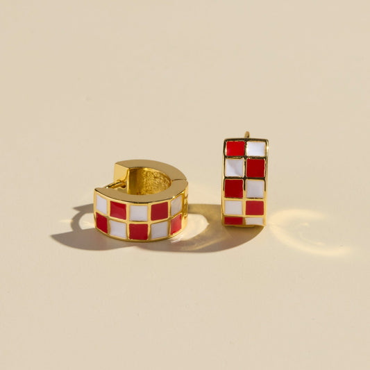 Red & White Checkered Enamel Huggie Earrings