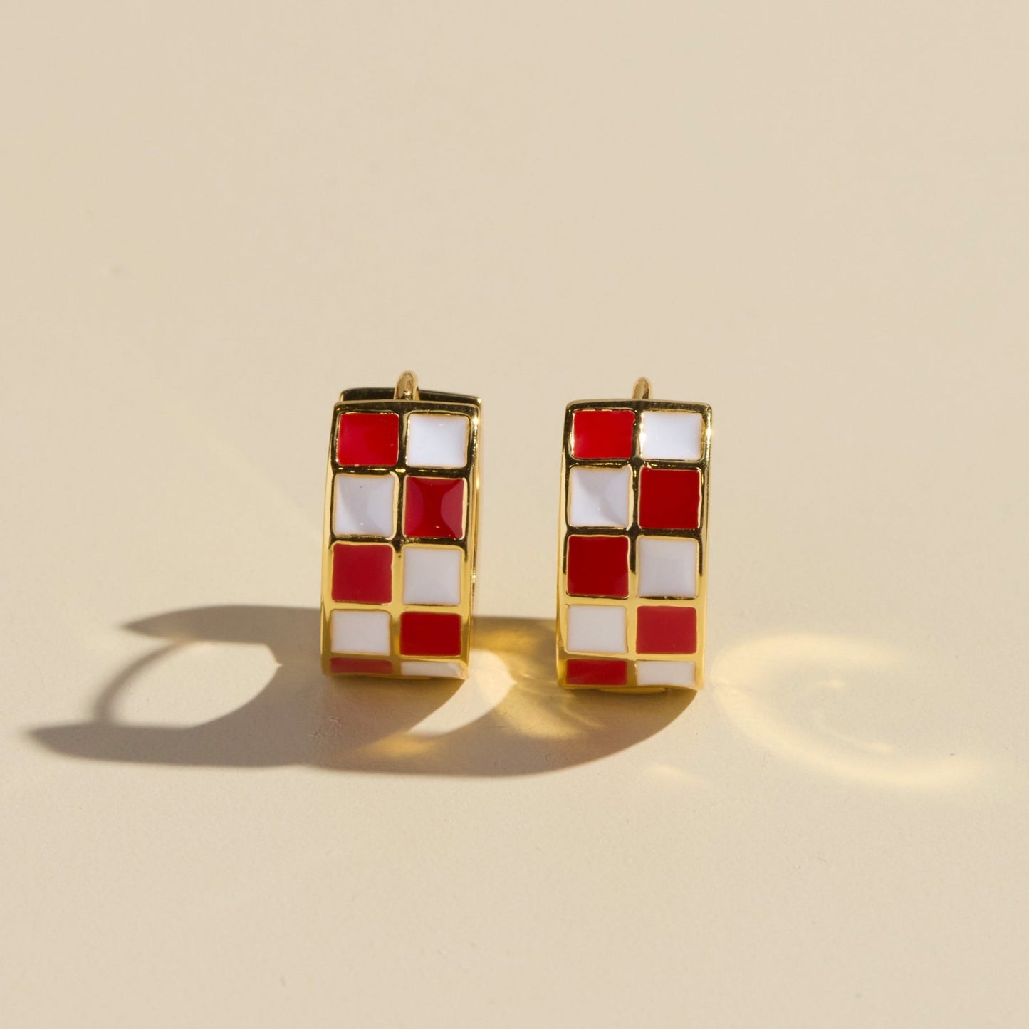 Red & White Checkered Enamel Huggie Earrings