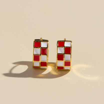 Red & White Checkered Enamel Huggie Earrings