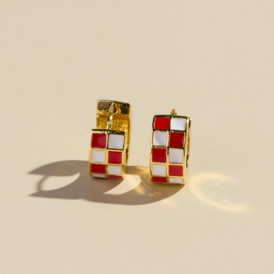 Red & White Checkered Enamel Huggie Earrings