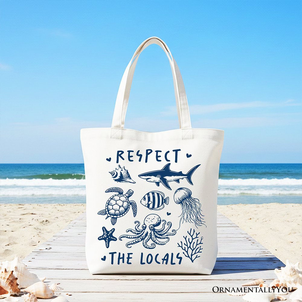 Respect the Locals Ocean Animals Canvas Tote Bag, Cute Vacation Gift Shopper