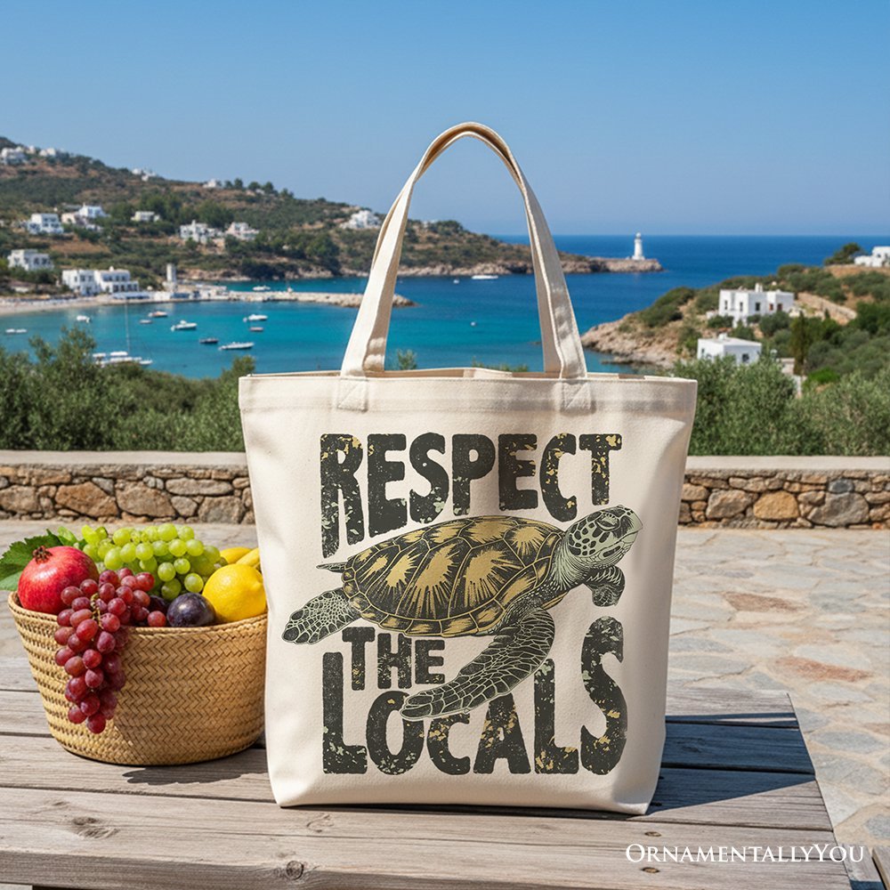 Respect the Locals Turtles Canvas Tote Bag, Retro Grunge Gift for Ocean and Beach Lovers