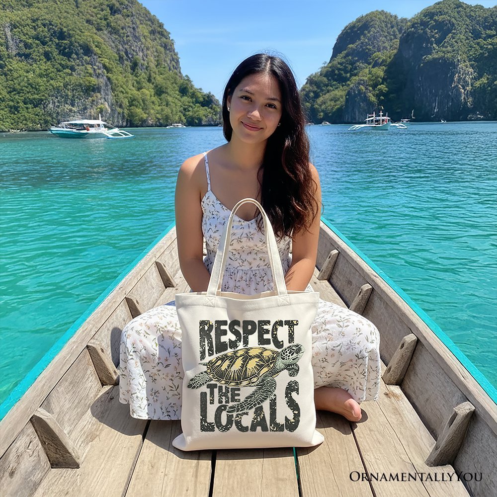 Respect the Locals Turtles Canvas Tote Bag, Retro Grunge Gift for Ocean and Beach Lovers