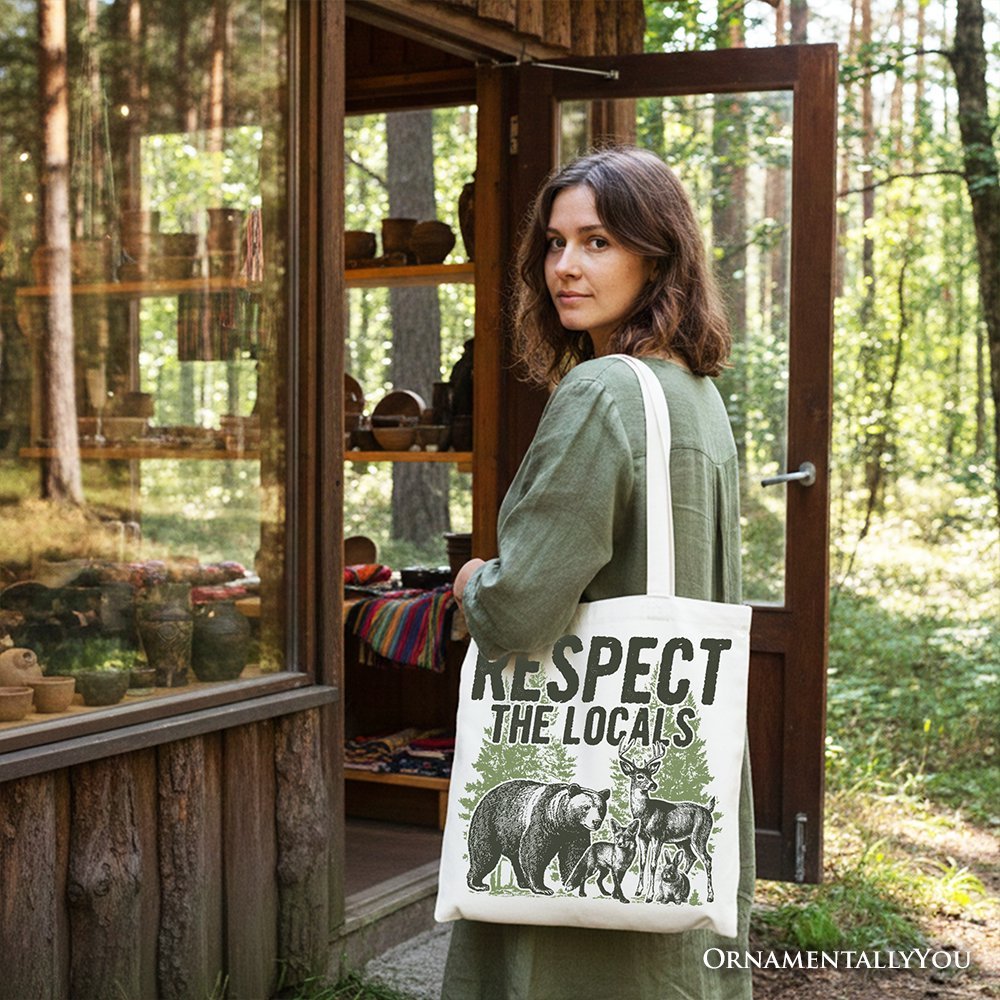 Respect the Locals Wild Animal Canvas Tote Bag, Vintage Camping Nature Gift Shopper