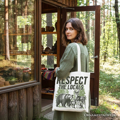 Respect the Locals Wild Animal Canvas Tote Bag, Vintage Camping Nature Gift Shopper