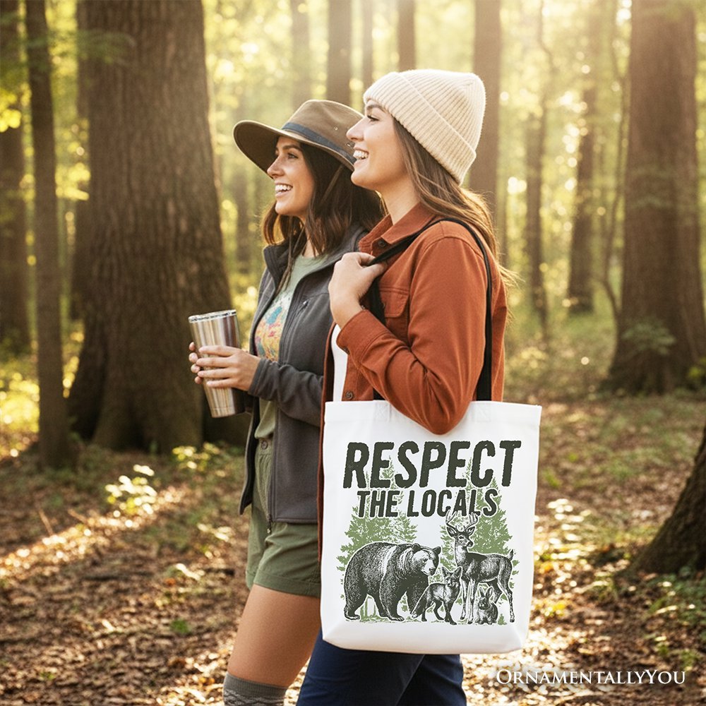 Respect the Locals Wild Animal Canvas Tote Bag, Vintage Camping Nature Gift Shopper