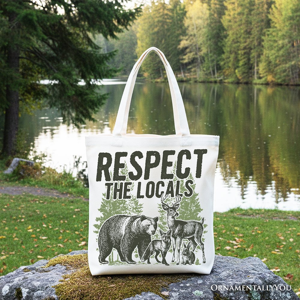 Respect the Locals Wild Animal Canvas Tote Bag, Vintage Camping Nature Gift Shopper