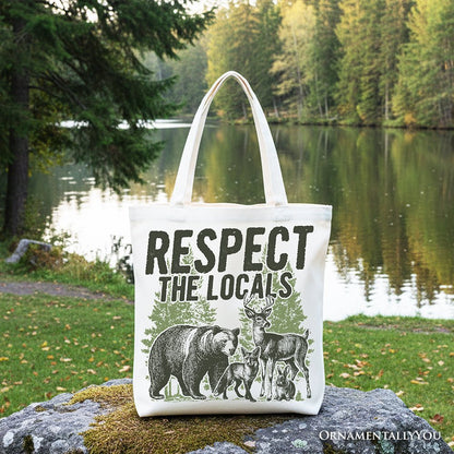 Respect the Locals Wild Animal Canvas Tote Bag, Vintage Camping Nature Gift Shopper