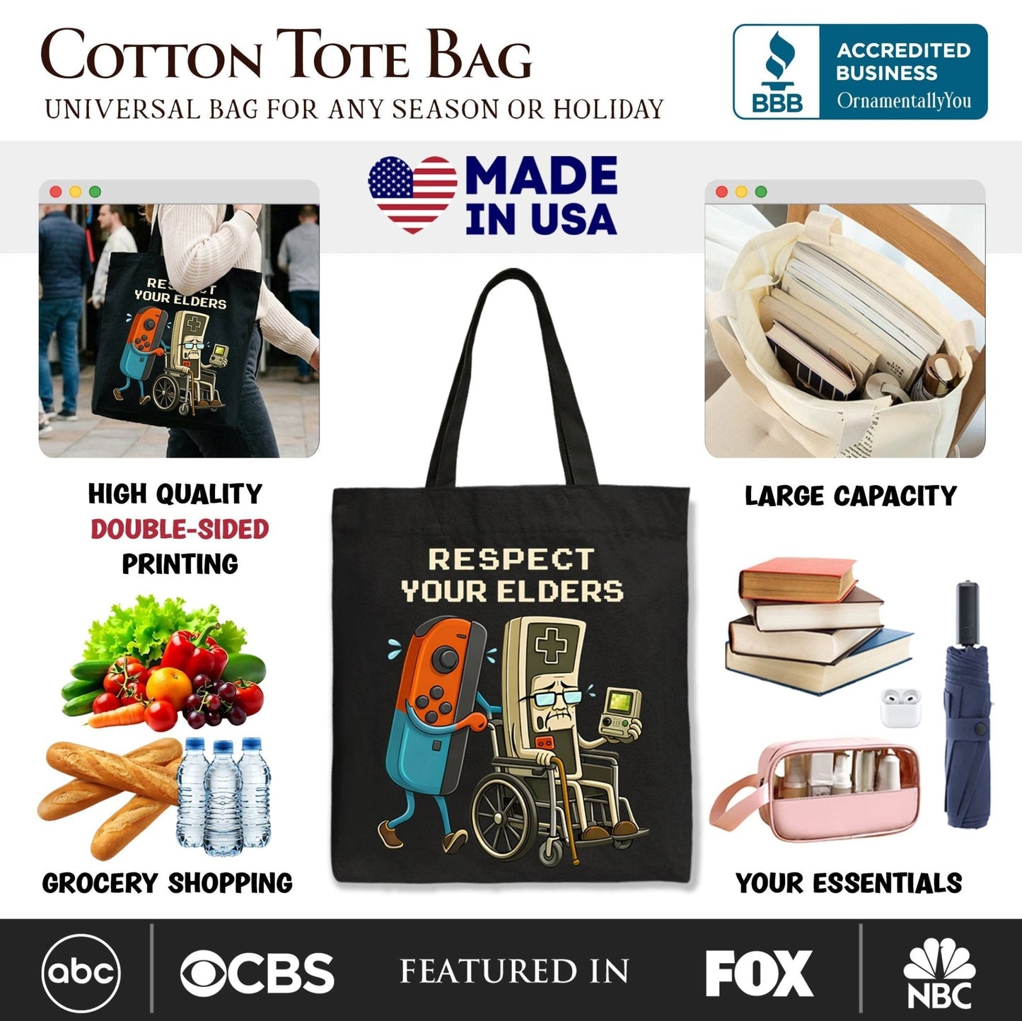 Respect Your Elders Gaming Controller Tote Bag, Old School Gamer Humor Gift Shopper
