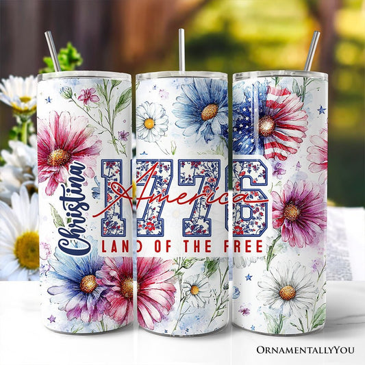 Retro America 1776 Daisy Flower 20oz Personalized Tumbler With Lid and Stainless Steel Straw, Land of the Free Patriotic Gift Cup