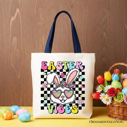 Retro Easter Bunny Sunglasses Tote Bag, Groovy Checkered Gift Shopper