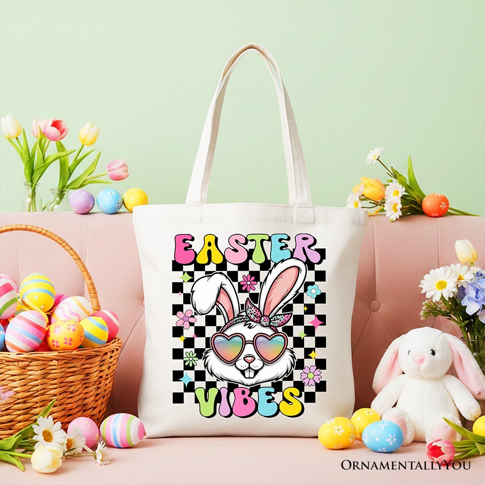 Retro Easter Bunny Sunglasses Tote Bag, Groovy Checkered Gift Shopper