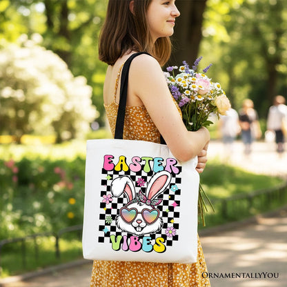 Retro Easter Bunny Sunglasses Tote Bag, Groovy Checkered Gift Shopper