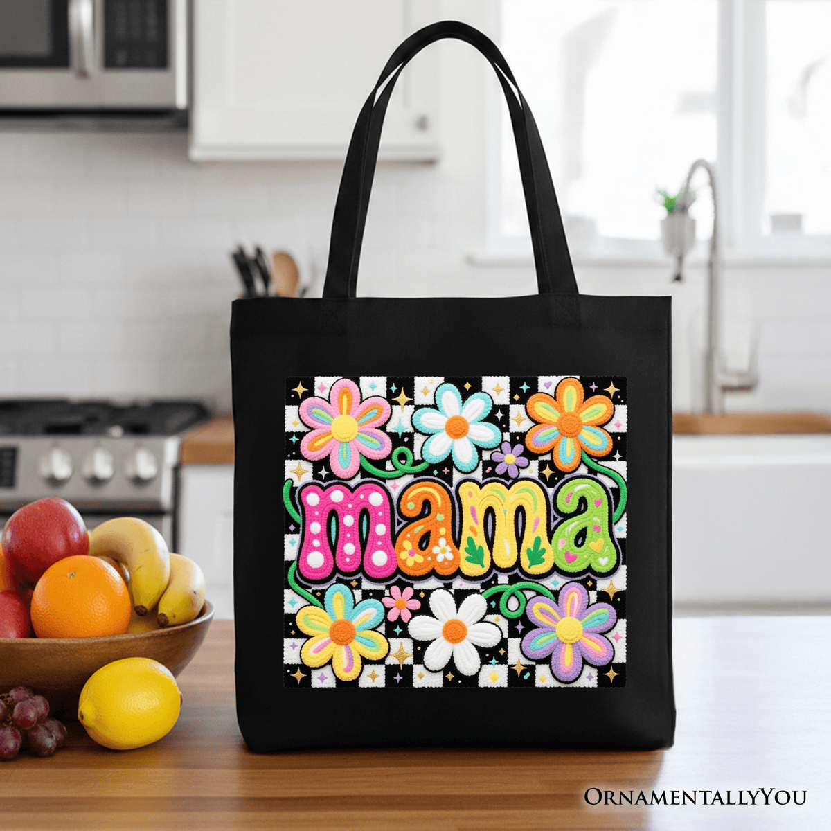 Retro Floral Mama Printed Faux Yarn Tote Bag, Colorful Mother's Day Gift Shopper