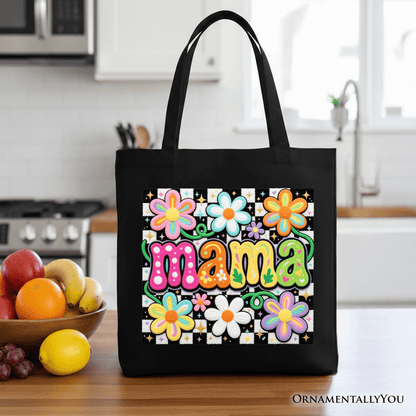 Retro Floral Mama Printed Faux Yarn Tote Bag, Colorful Mother's Day Gift Shopper