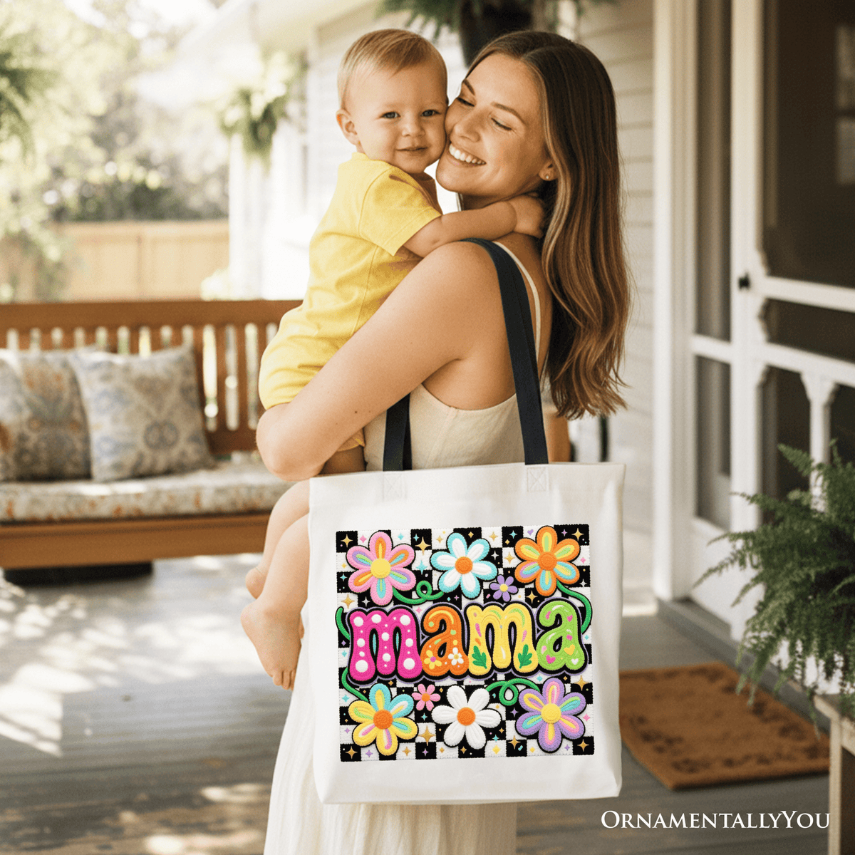 Retro Floral Mama Printed Faux Yarn Tote Bag, Colorful Mother's Day Gift Shopper