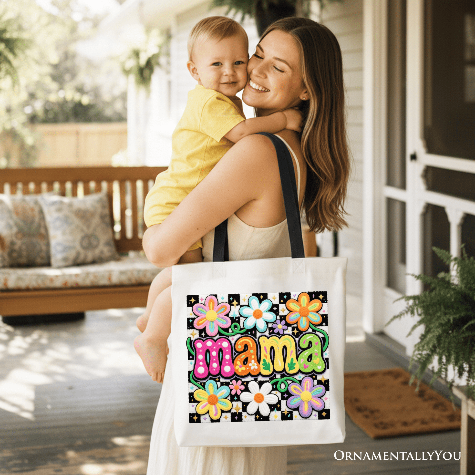 Retro Floral Mama Printed Faux Yarn Tote Bag, Colorful Mother's Day Gift Shopper