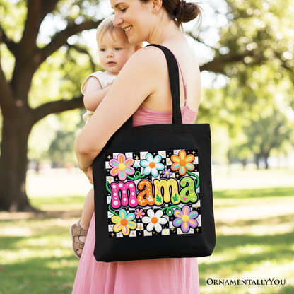 Retro Floral Mama Printed Faux Yarn Tote Bag, Colorful Mother's Day Gift Shopper