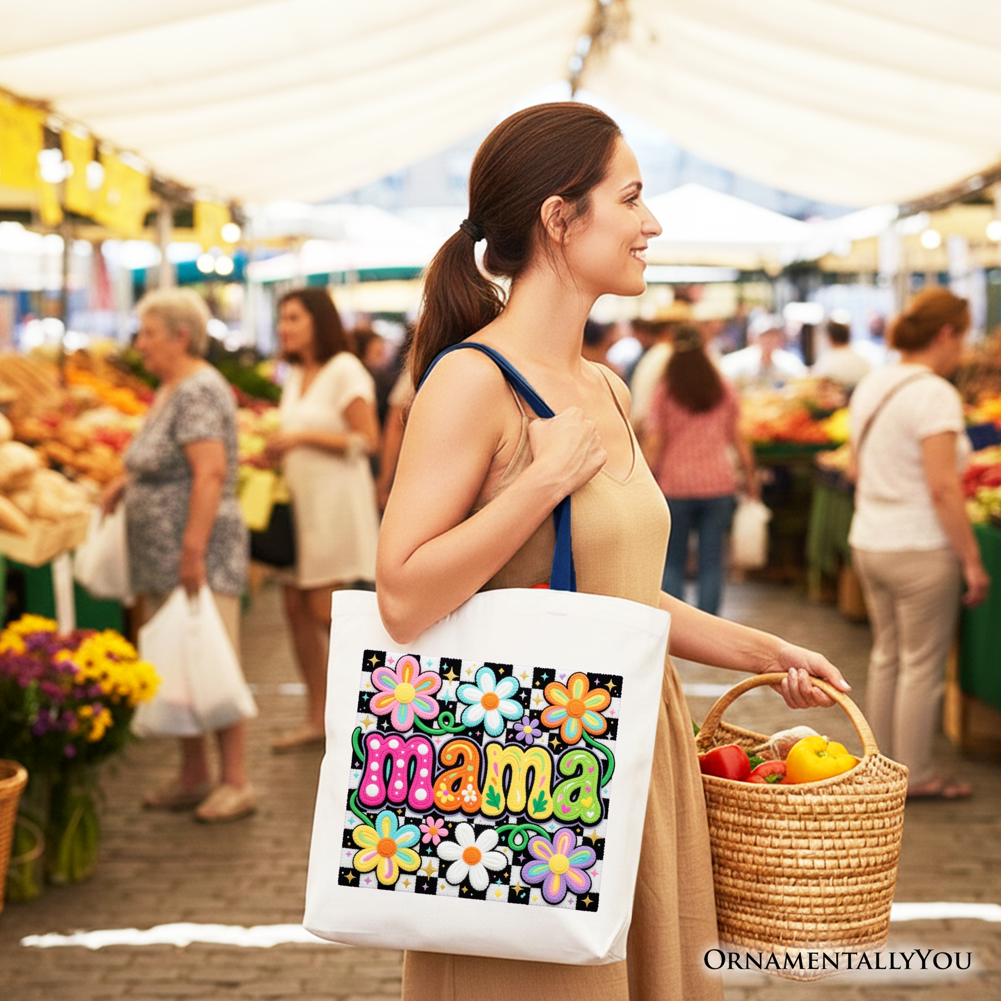 Retro Floral Mama Printed Faux Yarn Tote Bag, Colorful Mother's Day Gift Shopper
