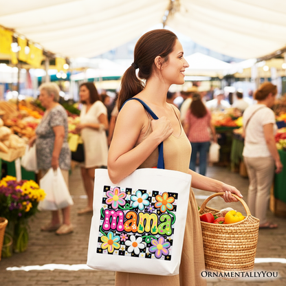 Retro Floral Mama Printed Faux Yarn Tote Bag, Colorful Mother's Day Gift Shopper