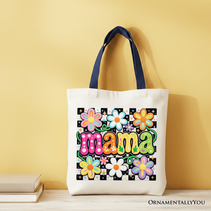 Retro Floral Mama Printed Faux Yarn Tote Bag, Colorful Mother's Day Gift Shopper