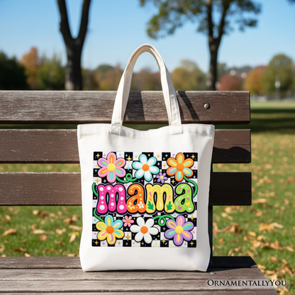 Retro Floral Mama Printed Faux Yarn Tote Bag, Colorful Mother's Day Gift Shopper