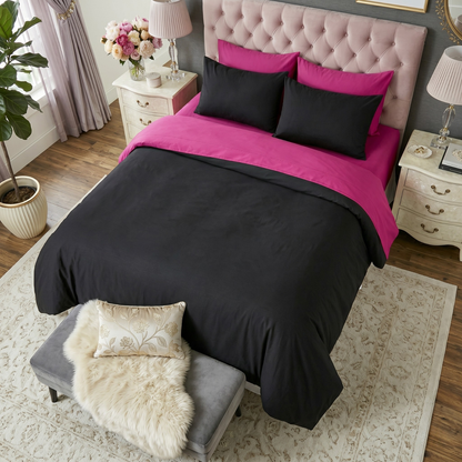 Tache Cotton Hot Pink Black Reversible Comforter Set With Zipper Cover