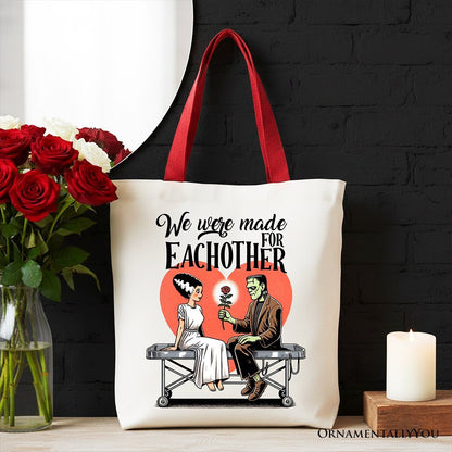 Romantic Frankenstein and Bride Canvas Tote Bag, We Were Made for Each Other Gift Bag for Spooky Couples