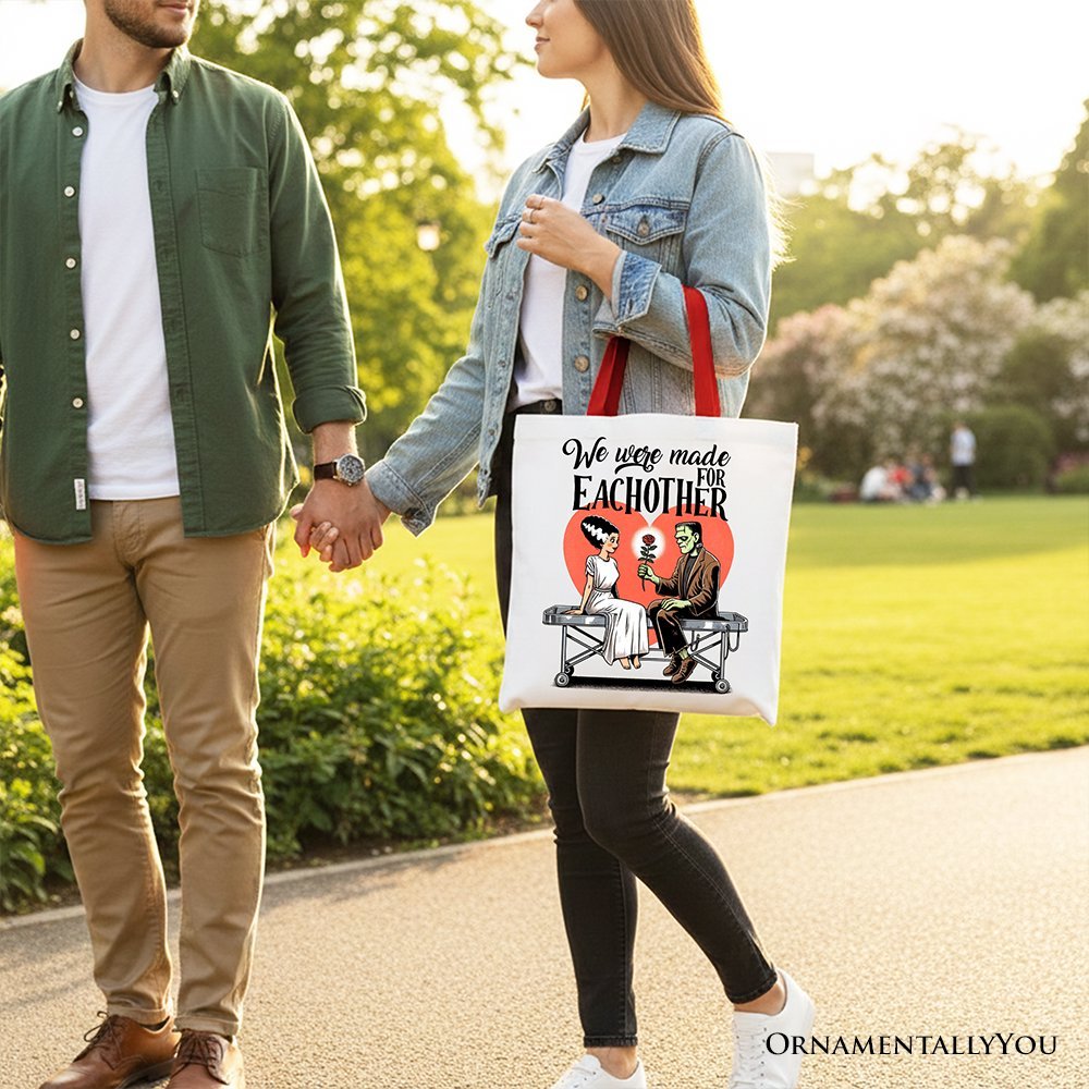 Romantic Frankenstein and Bride Canvas Tote Bag, We Were Made for Each Other Gift Bag for Spooky Couples