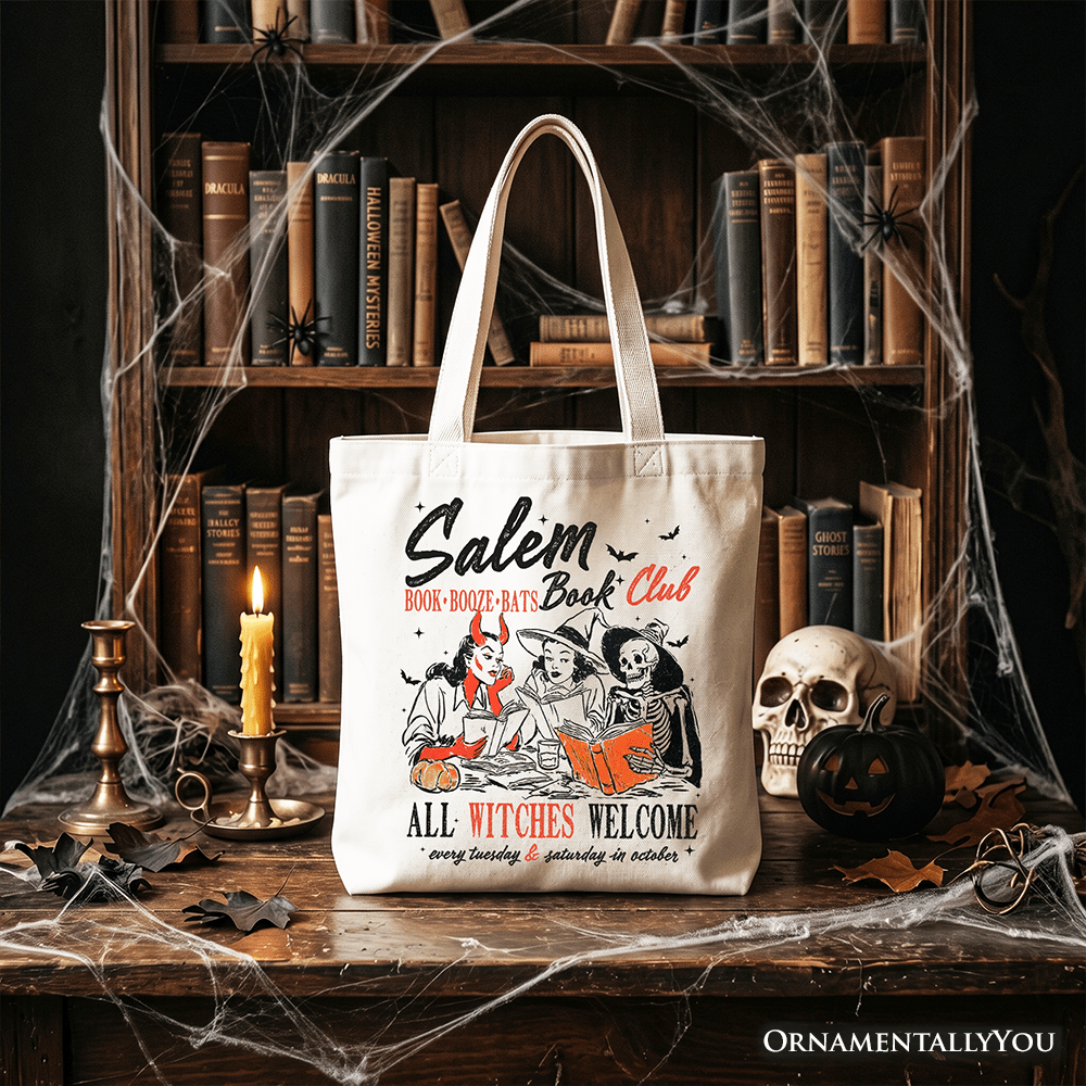 Salem Book Club Witches Tote Bag, Spooky Halloween Reading Girl Gift Shopper