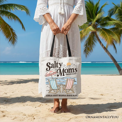 Salty Moms Beach Club Canvas Tote Bag, Retro Summer Gift for Ocean Loving Mothers