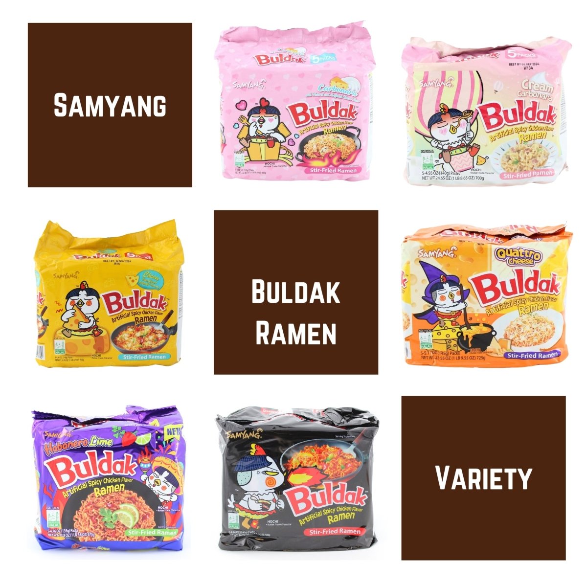 Samyang Carbonara Buldak Ramen Variety Chicken Flavor Spicy Korean Noodle 5 Packs