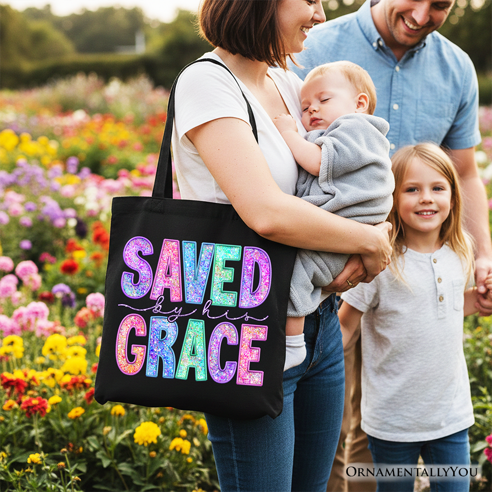 Saved By His Grace Printed Faux Sequin Christian Tote Bag, Religious Love Gift Shopper
